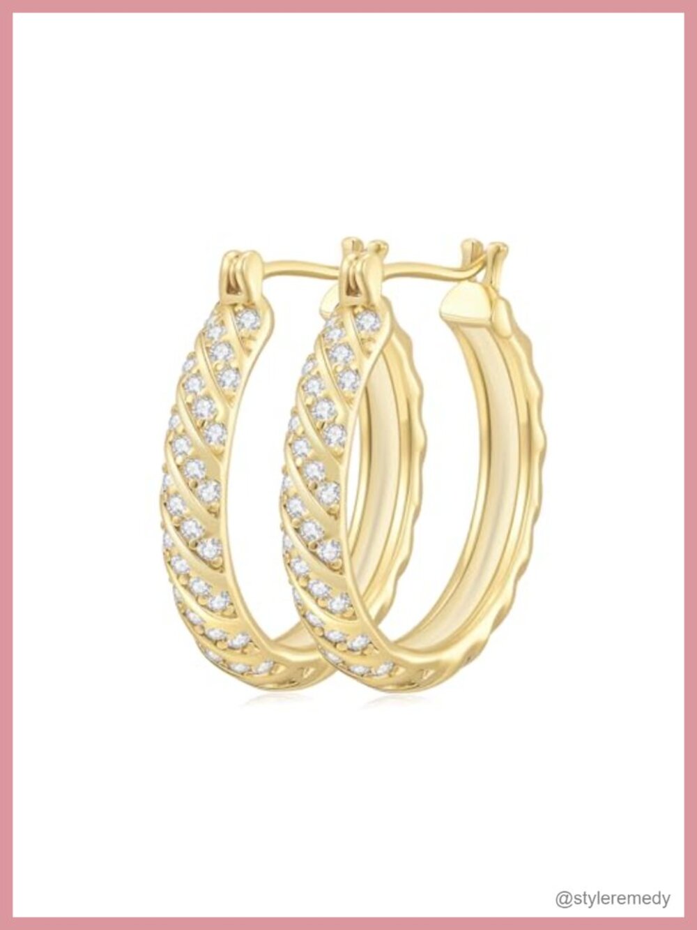 14K Gold Plated Spiral Hoop Earrings with Cubic Zirconia 25mm Thick Huggie